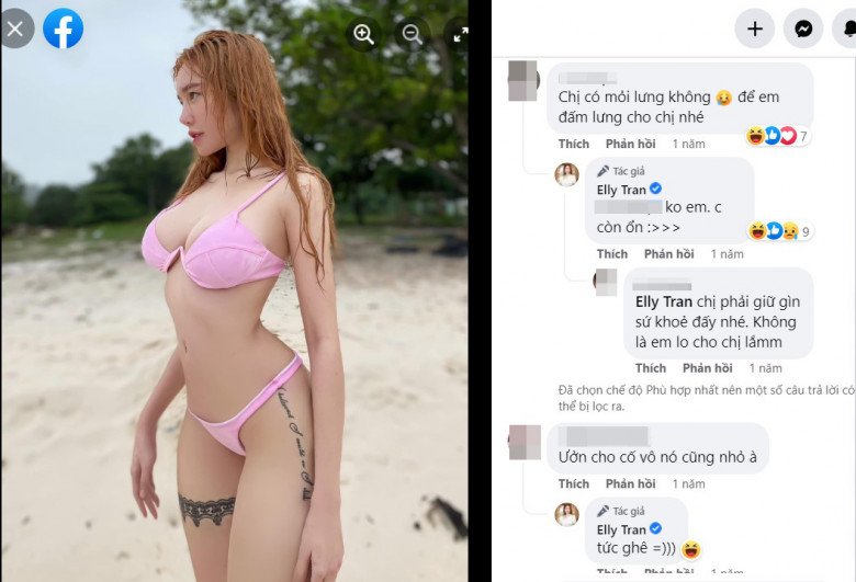 Vóc dáng của hot mom có độ cong võng hot tới mức nhiều người cho rằng, cô photoshop quá lố. Trái ngược với những lời bình luận gièm pha này, Elly Trần vẫn đáp trả rất hài hước và tếu táo như chính cô bây giờ.