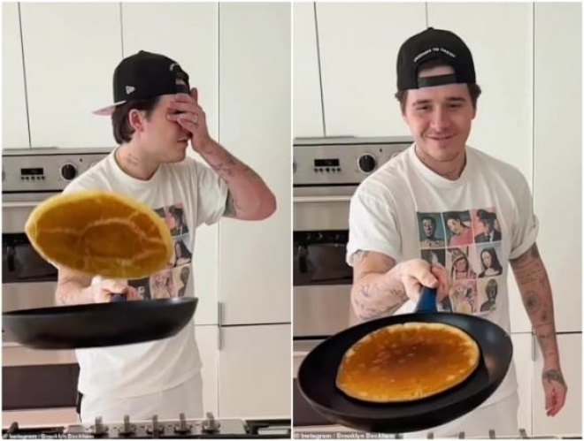 Brooklyn bịt mắt và lật bánh kếp gây chú ý trên mạng.