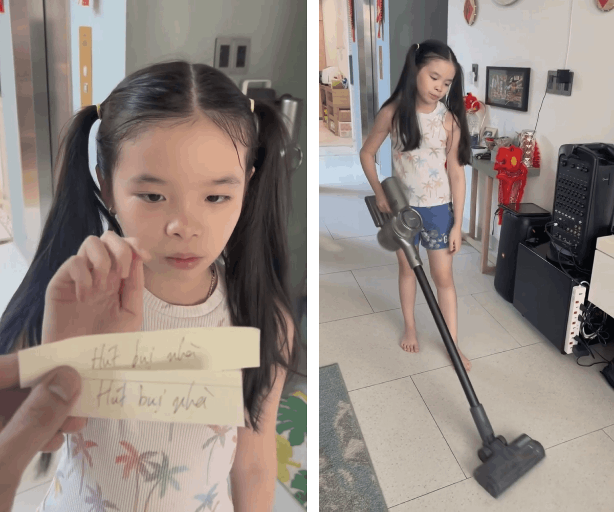 Biểu cảm sầu não vì phải làm việc nhà của Mia khiến người xem thích thú.