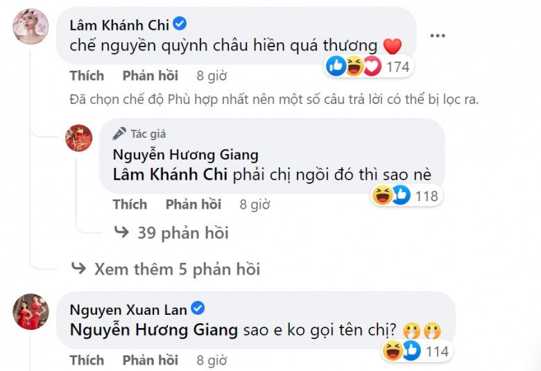 Lâm Khánh Chi bình luận trên Facebook của Hương Giang.