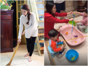Làm mẹ - Hoa hậu nghèo nhất Việt Nam Đỗ Mỹ Linh mặc đồ bộ giản dị, ngồi nền đất chơi cùng con trai anh chồng