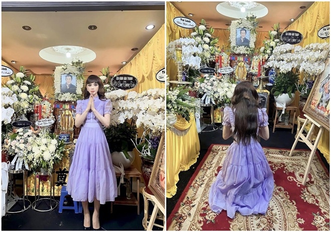 Lâm Khánh Chi mặc váy áo lồng lộn, vui vẻ tạo dáng trước di ảnh người đã khuất gây tranh cãi.