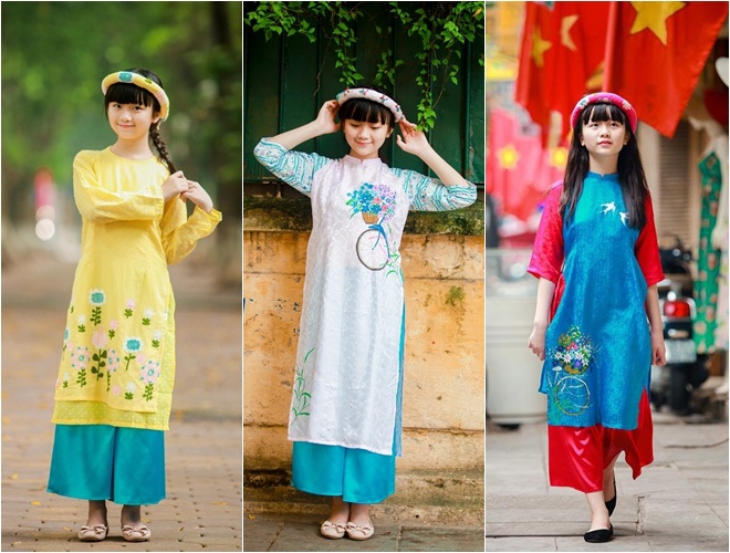 Hình ảnh nền nã khi xưa của cô bé trong tà áo dài.