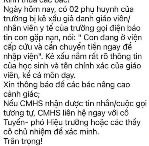 Thông báo cảnh giác trước tình trạng lừa đảo cấp cứu của nhà trường tới phụ huynh học sinh.