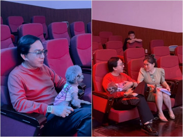 Ông hoàng cải lương Kim Tử Long ôm cún cưng ngồi đợi vợ kém 11 tuổi, ánh mắt luôn dõi theo Trinh Trinh