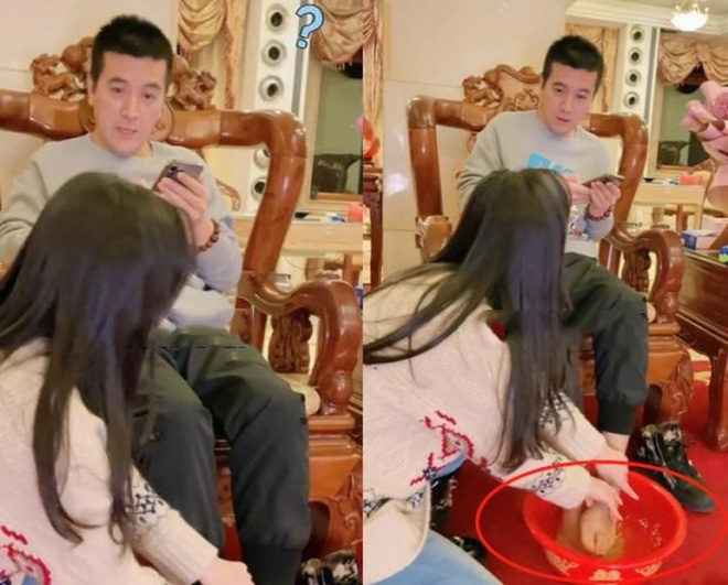 ... nhưng lại bị bắt gặp rửa chân cho chồng đại gia.