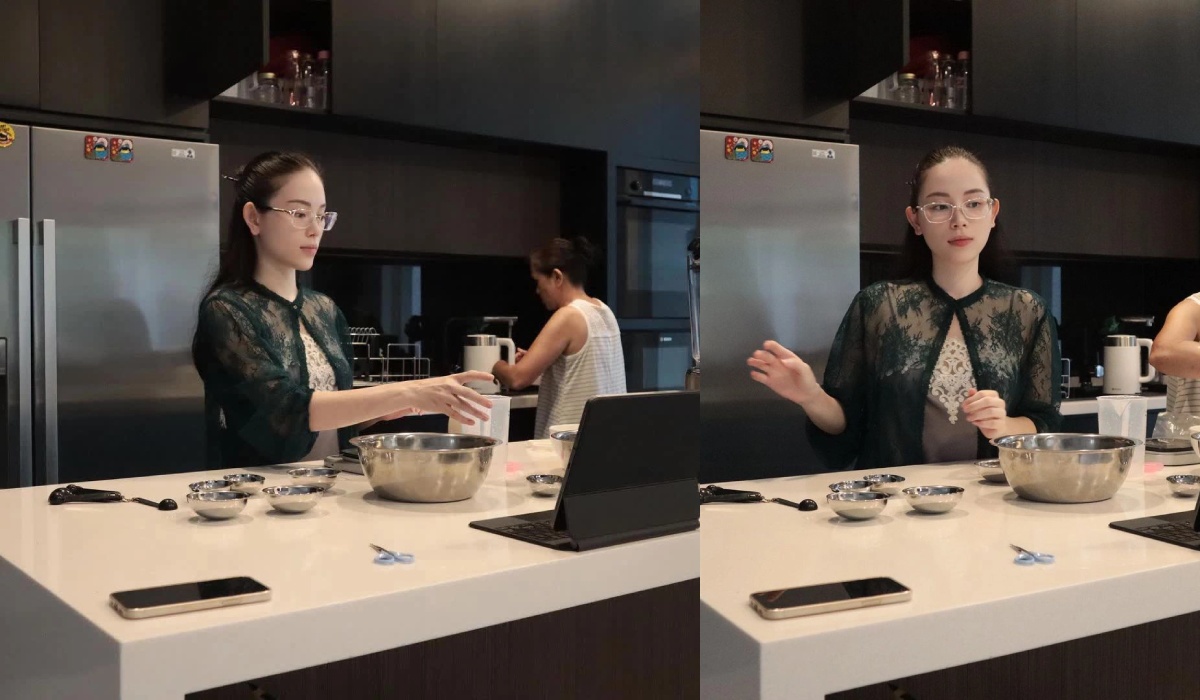 Cô nhiều lần vào bếp nấu ăn, ra dáng người phụ nữ của gia đình.