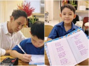 Làm mẹ - Con trai út Lý Hải Minh Hà vào lớp 1 nét chữ đẹp mê, con tự giác học đến tối muộn, bố trông muốn ngủ gục
