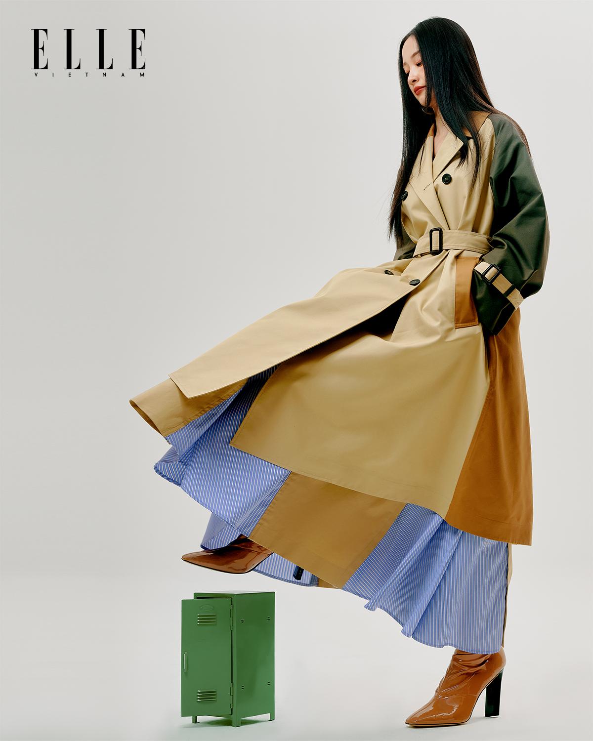 Jun Vũ trong phong cách streetwear đầy phóng khoáng, sang trọng cùng thiết kế trench coat của Weekend Max Mara
