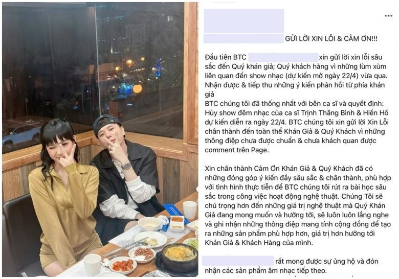 Phản ứng dữ dội từ dư luận đã buộc ban tổ chức của đêm nhạc mời Hiền Hồ và Trịnh Thăng Bình làm khách mời phải hủy show.