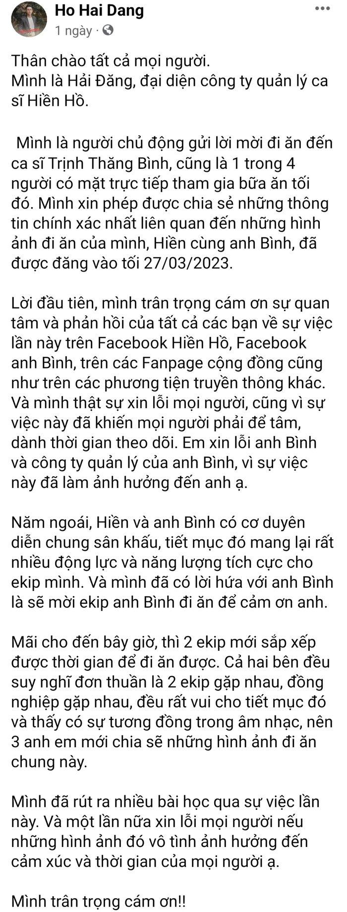 Quản lý Hiền Hồ lên tiếng xin lỗi Trịnh Thăng Bình và người hâm mộ của nam ca sĩ.
