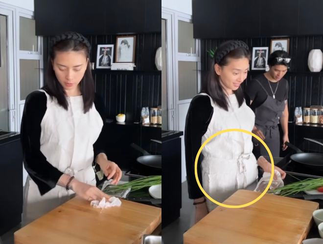 Trong một vài phân cảnh vào bếp với ông xã, đả nữ lộ vòng 2 lớn rõ rệt.