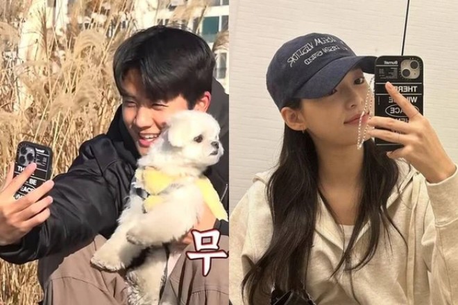 Yena (April) và cầu thủ Seol Young Woo dùng ốp điện thoại đôi. 