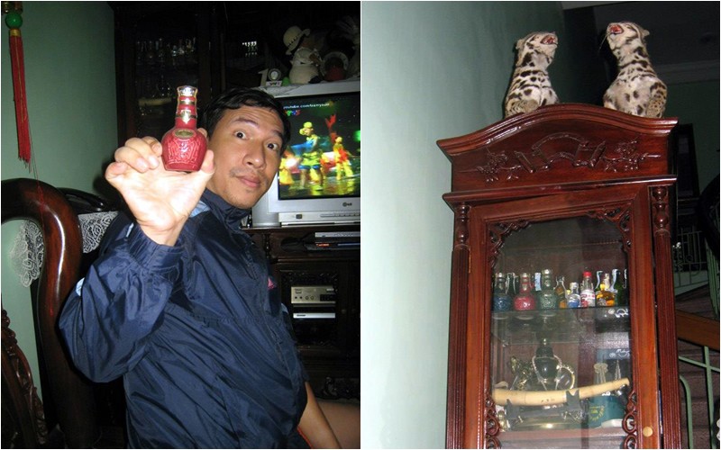 Ngoài sở thích nuôi chim, Quang Thắng còn có đam mê sưu tập bình rượu. Anh còn "gia tài" hàng trăm chai rượu quý trong nhà.
