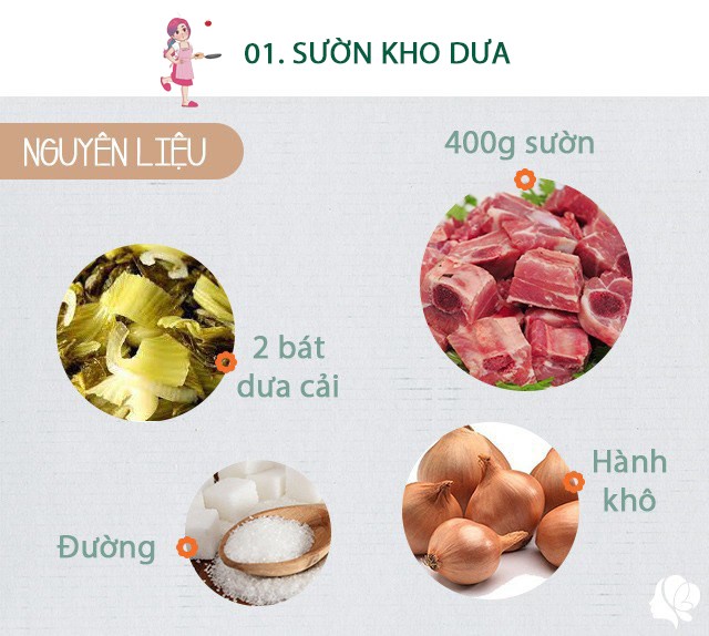 Nguyên liệu: - 1 bát dưa cải muối chua - 400g sườn heo - 1 củ tỏi - 2 củ hành khô - 1-2 thìa đường - 2 thìa nước mắm - 1 chút bột nêm - Ớt sừng, nếu thích ăn cay - Muối, tiêu, bột ngọt - Dầu ăn.