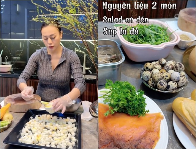 Mới đây nhất, vợ Shark Bình tiếp tục trổ tài làm món mới. Cô thực hiện 2 món Âu là salad củ dền cá hồi và súp bí đỏ kem tươi.