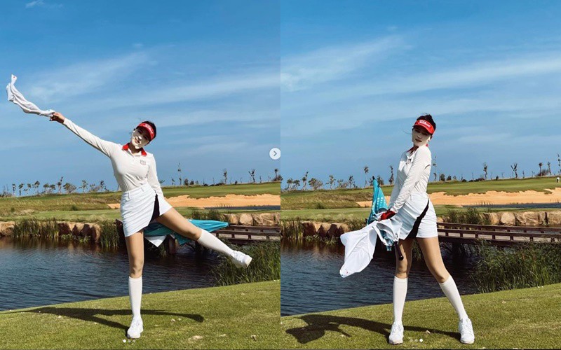 Khi đi đánh golf, Trâm Anh thường ưu ái những kiểu áo có tay dài, chân váy ngắn vừa phù hợp với môn thể thao mình rèn luyện, cũng có tác dụng chống nắng. 
