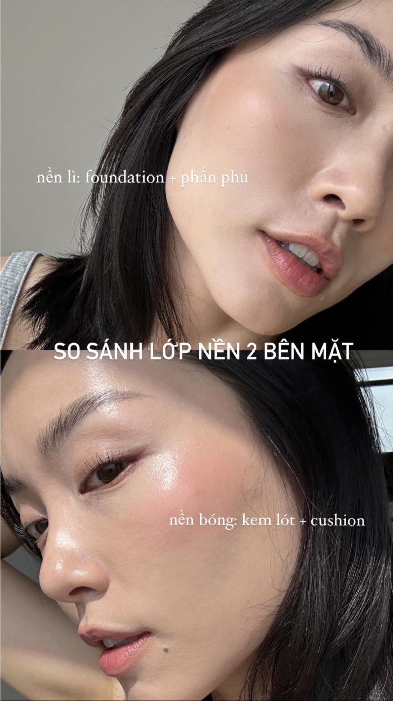 So sánh 2 lớp nền, bí quyết của Lê Hà Trúc khá đơn giản là dùng kem lót và cushion.