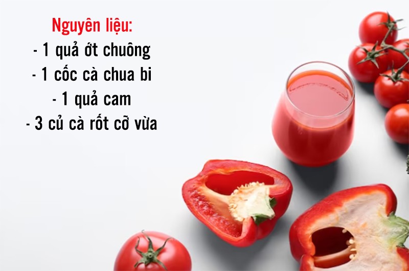 Cách làm: Cà rốt rửa sạch cắt miếng, ớt chuông rửa sạch cắt miếng, bỏ hạt, cam gọt vỏ cắt miếng. Cho tất cả vào máy xay sinh tố và thêm nước nếu quá đặc. 
