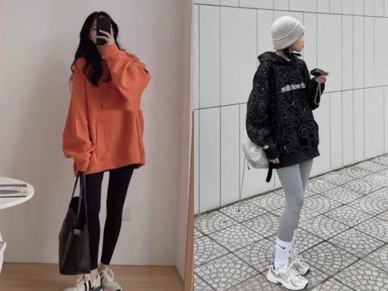 Áo hoodie form rộng phối cùng quần ôm hẳn không còn quá xa lạ với chị em. Sự kết hợp “không bao giờ lỗi mốt” này sẽ giúp chị em trông rất trẻ trung và thoải mái cả khi đi học, đi làm lẫn đi chơi. 