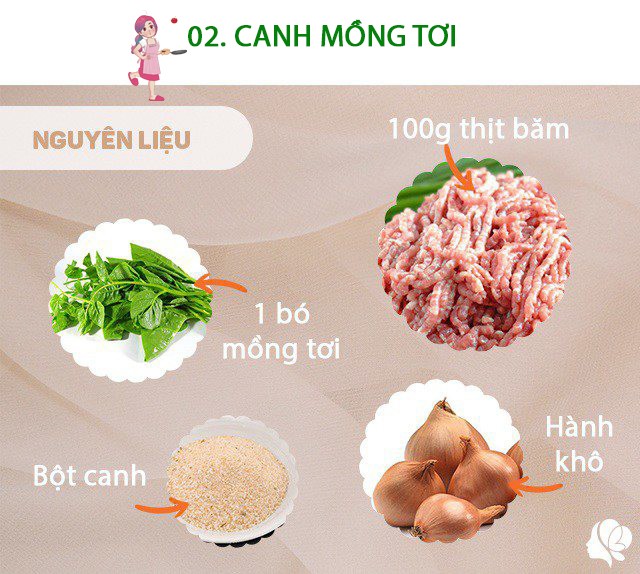 Chuẩn bị: 100g thịt băm, 1 bó mồng tơi, hành khô, bột canh.