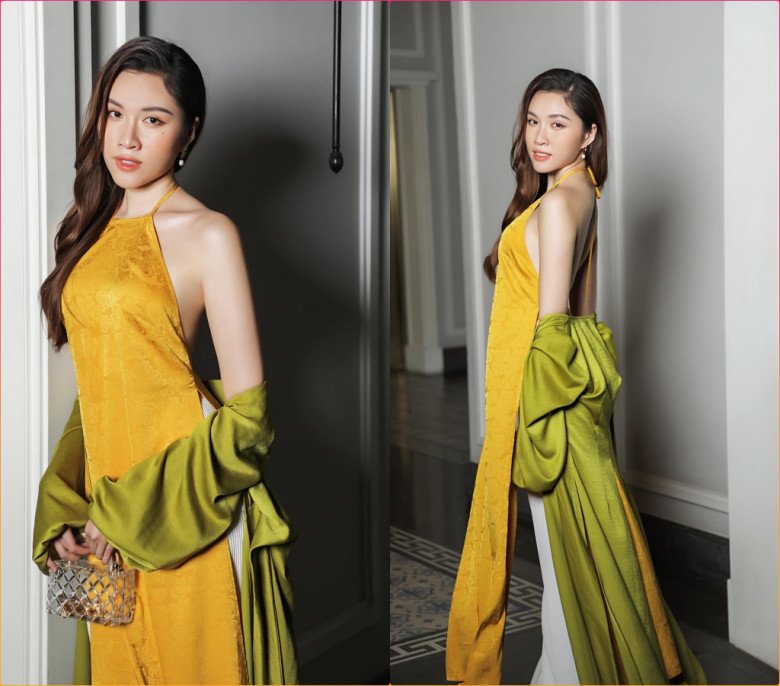 Hoa hậu Thanh Thanh Huyền cũng chuộng thiết kế áo dài cách tân lấy cảm hứng từ chiếc yếm đào quen thuộc để phô diễn nét đẹp nữ tính, e ấp 