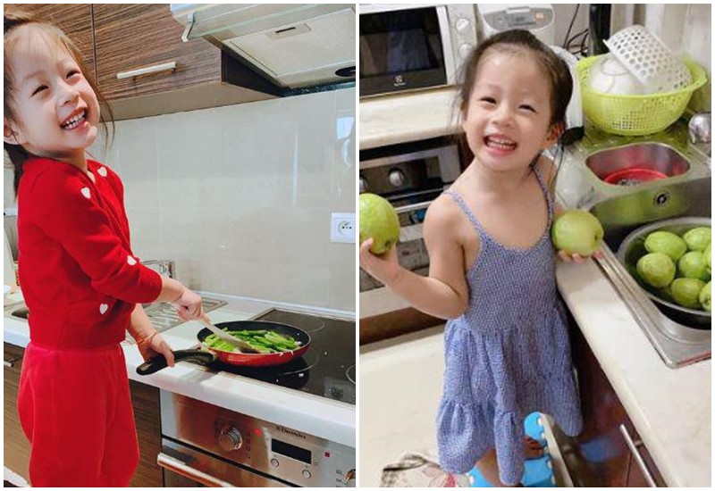 Cô bé còn nhỏ nhưng còn học được từ mẹ nhiều kỹ năng sống như nấu ăn, làm việc nhà.

