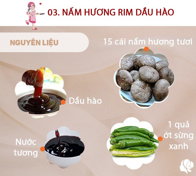 Nguyên liệu: 15 cái nấm hương tươi, 1 quả ớt sừng, 2 quả ớt xanh nhỏ, 1 củ hành lá, 2 củ tỏi, 1 miếng gừng, 2 thìa nước tương, 2 thìa dầu hào, nửa thìa muối, chút xíu bột nêm (tùy ý), đường, 1 thìa cà phê tinh bột, một chút nước.