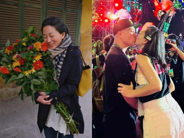 Vợ kém 14 tuổi của nhạc sĩ Huy Tuấn mặc 7 lớp áo, mái tóc muối tiêu thành tâm điểm