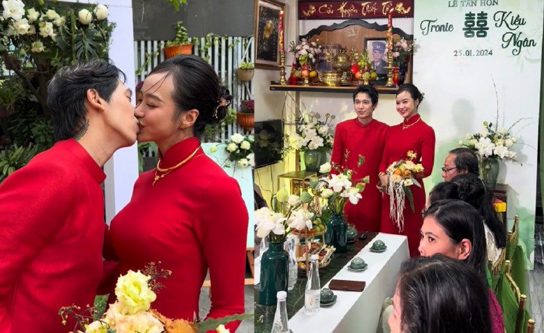 Cặp đôi trao nhau nụ hôn hạnh phúc trong ngày cưới.