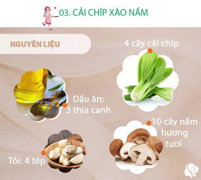 Chuẩn bị: - 1 bó cải chíp - 10 cái nấm hương tươi - 3 tép tỏi băm nhỏ, 1 mẩu gừng băm nhỏ - 1 muỗng canh dầu hào - 1/2 muỗng cà phê muối.