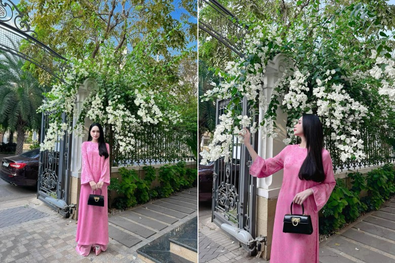 Trong bộ áo dài màu hồng của NTK Adrian Anh Tuấn, Hương Giang khoe vóc dáng nhẹ nhàng, nhan sắc kiều diễm nữ tính.
