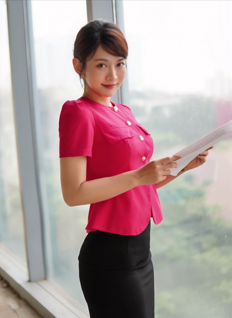 Cô lựa chọn trang phục nhã nhặn, thanh lịch hợp với công việc MC hiện tại.