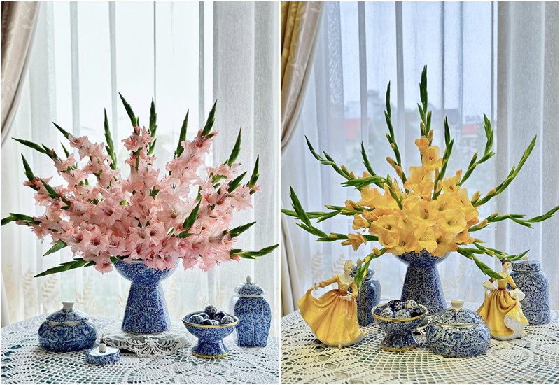 Cắm hoa nhiều năm, mẹ đảm Quảng Ninh có khá nhiều kinh nghiệm khi cắm loài hoa Tết này. Chị khuyên khi chọn hoa lay ơn nên chọn những bông còn nguyên củ để hoa tươi lâu nhất.
