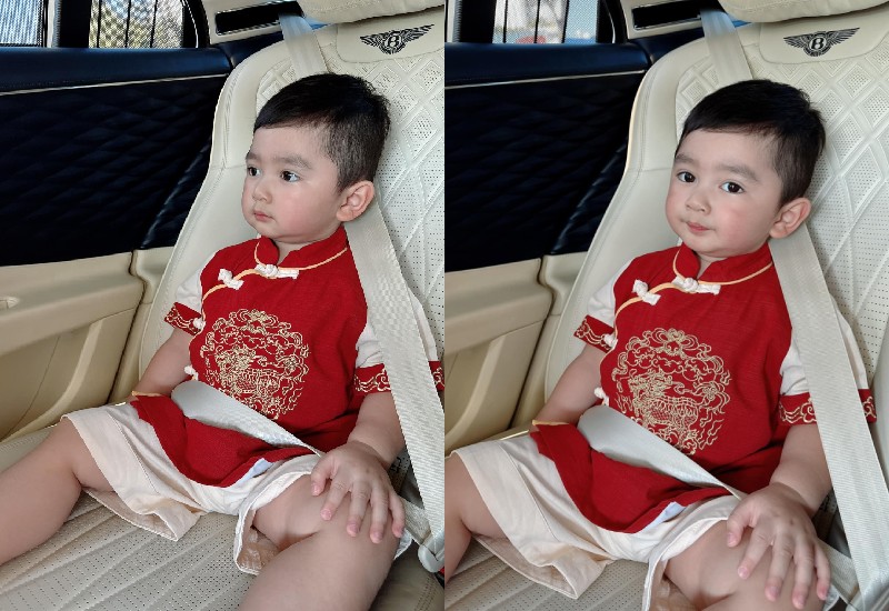Nhìn trong ảnh, bé Zorba Gia Khang ngồi yên ở ghế sau xe hơi. Nhóc tì 'đốn tim' người xem khi có nhiều biểu cảm 'cưng xỉu', được khen thần thái ra dáng 'chủ tịch nhí'. 
