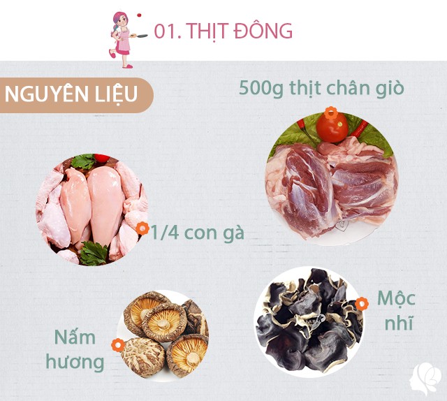 Chuẩn bị: 500g thịt chân giò, 1/4 con gà, nấm hương, mộc nhĩ, chút muối, hành khô.