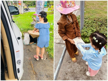 Chi tiết nhỏ trong bức ảnh con gái Võ Hạ Trâm, Thủy Tiên cho tiền người nghèo thể hiện cách dạy con của bố mẹ