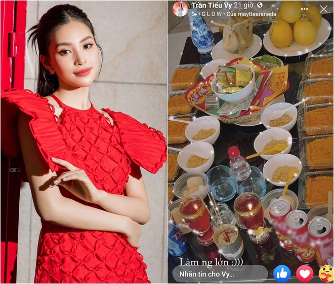 Hoa hậu Tiểu Vy cũng tự làm cỗ cúng và bày tỏ: Làm người lớn. Cỗ cúng của cô gà luộc, trái cây, xôi, chè, bánh trái...