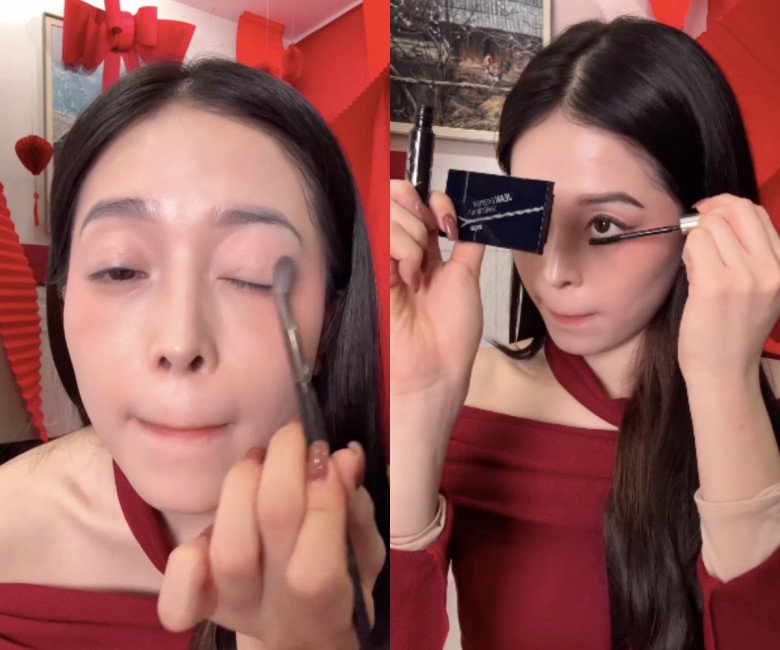 Sau đó cô tiến hành trang điểm mắt với bảng mắt màu tông cam đào tự nhiên.