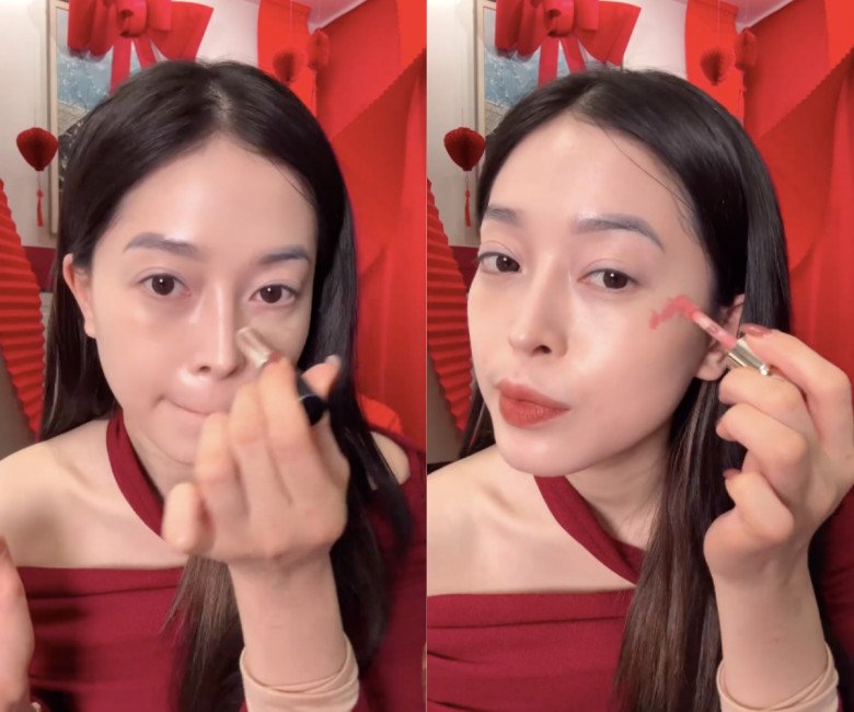 Bà xã Bình An bỏ qua kem nền nhưng không thể bỏ kem che khuyết điểm. Cô tập trung sử dụng cho các vùng da quanh mắt, khoé miệng. 