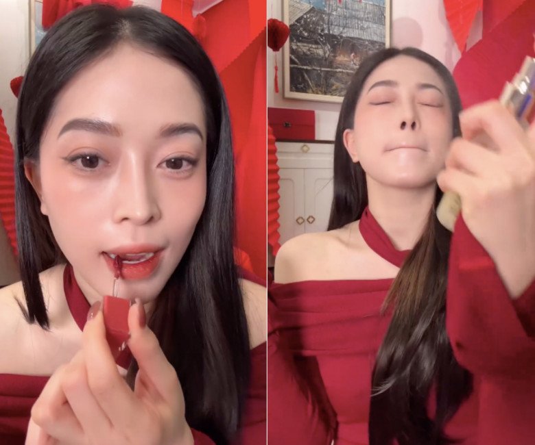 Người đẹp hoàn thành lớp make-up của mình với son môi và 1 lớp xịt dưỡng. Sản phẩm xịt này theo cô chia sẻ là như xịt khoáng nhưng đồng thời dùng được như lớp khoá nền cho nền mềm và bóng.