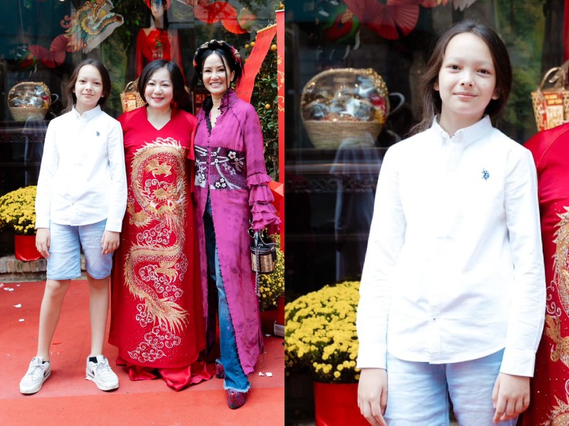 Mới đây, diva Hồng Nhung nhận được nhiều sự quan tâm khi cùng con trai là Tôm tham gia sự kiện showbiz. Hiếm hoi xuất hiện cùng mẹ, nhóc tì diện áo sơ mi cùng quần jean đơn giản. 
