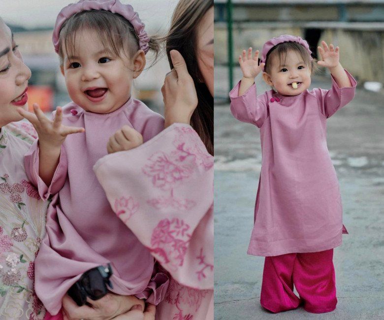 Trước đó, em bé từng gây xôn xao với bộ hình áo dài chụp ở Nha Trang. Nhóc tì được xúng xính thiết kế ton sur ton với bà và mẹ. Item màu hồng với phần tà lửng mix cùng với mấn đội đầu rất yêu.