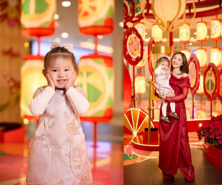 Hầu như tông màu hồng là gam màu chủ đạo cho đồ mặc lễ Tết này của bé Pam. Em bé triệu view của showbiz Việt được thiết kế rất nhiều món hiện đại.
