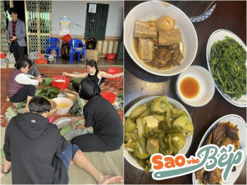 Mẹ ruột Xuân Bắc cùng con dâu quây quần gói bánh chưng ở quê, vợ chăm chia sẻ món ngon chuẩn vị Tết