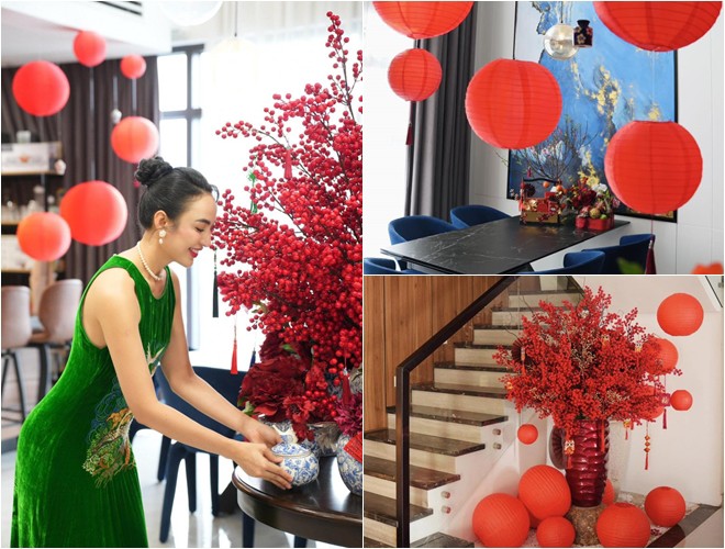 Penthouse của Hoa hậu Ngọc Diễm được tô điểm thêm nhiều món đồ màu đỏ trông vừa ấn tượng, nổi bật mà không kém phần tinh tế và đậm sắc màu của cái Tết truyền thống.