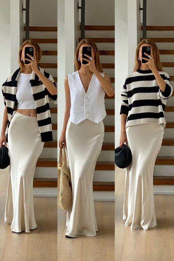 Cùng một thiết kế chân váy ôm sát hơi loe đuôi cá đầy sang chảnh, nàng có thể thấy áo croptop là item kết hợp có thể tạo được đường cong cơ thể uốn lượn đáng chú ý nhất.