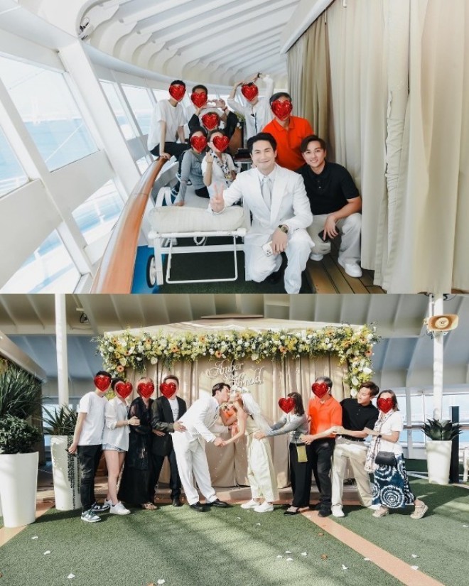 Hình ảnh Đặng Trác Ân và Quách Tử Hào đính hôn trên du thuyền được bạn bè chúc phúc.