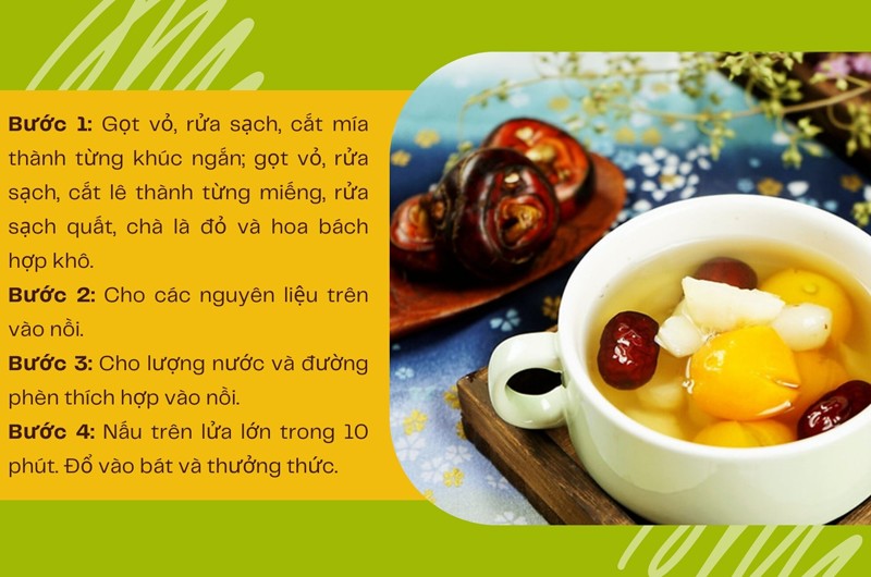 Quất, lê đều có tác dụng giảm ho, táo đỏ giúp tăng cường hệ miễn dịch, giảm viêm nhiễm, cải thiện chức năng gan còn hoa bách hợp khô có thể nhuận phế, an thần. 
