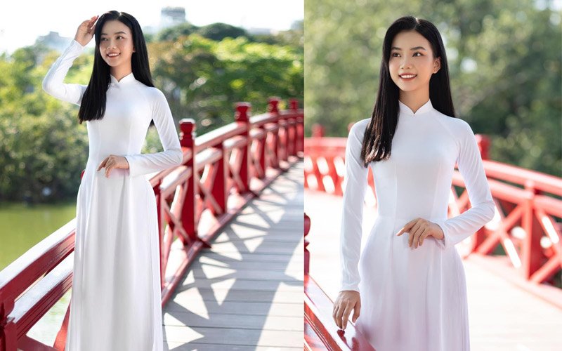 Hoàng Hương Giang có chiếc eo nhỏ nhắn và săn chắc, chính vì vậy cô mê đắm chiếc áo dài truyền thống khoe được đường cong tinh tế. 
